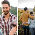 Persone con calici di vino e che camminano