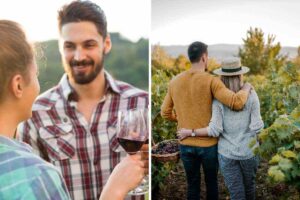Persone con calici di vino e che camminano