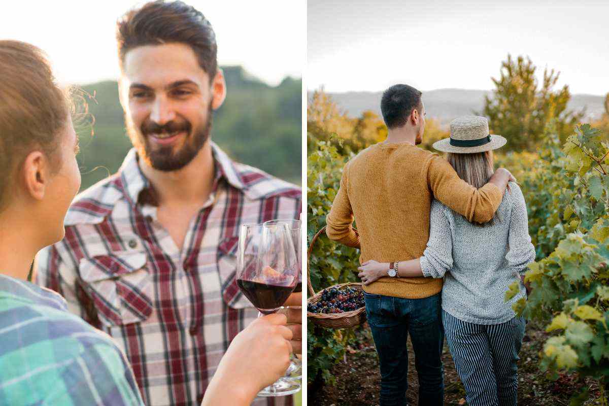 Persone con calici di vino e che camminano